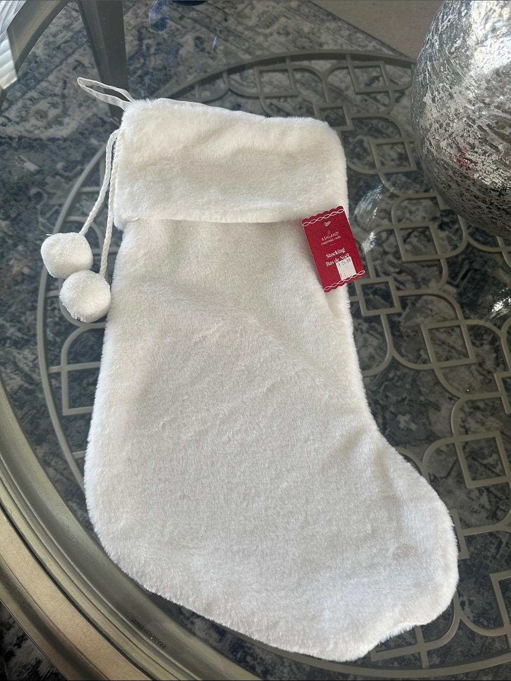 NWT- Ashland White Plush Holiday Stocking with Pom-Pom Ties